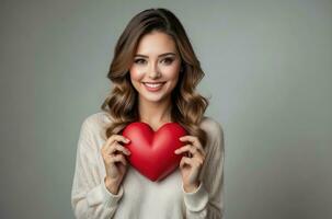 ai generato celebrazione per San Valentino giorno con bellissimo giovane donna detiene un' rosso cuore nel sua mani. foto