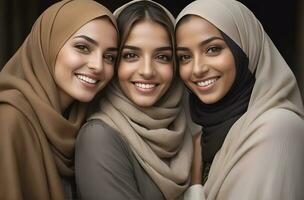 ai generato bellissimo gruppo di I musulmani donne sorridente e ridendo indossare un' hijab e decorato scialle foto