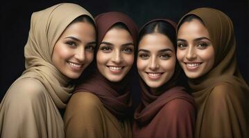 ai generato bellissimo gruppo di I musulmani donne sorridente e ridendo indossare un' hijab e decorato scialle foto