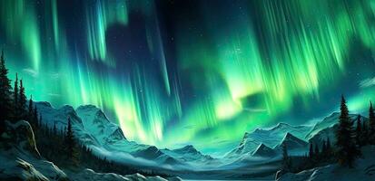 ai generato settentrionale luci, aurora Borealis al di sopra di nevoso montagne, inverno paesaggio foto