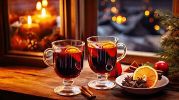 ai generato Natale umore, caldo vin brulé vino su un' di legno tavolo circondato di nuovo anno decorazioni, su un' sfocato sfondo foto