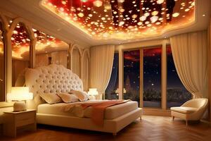 ai generato classico lusso Camera da letto interno con luminoso soffitto foto