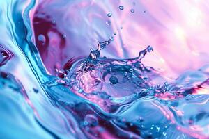 ai generato macro tiro di acqua spruzzo e goccioline nel rosa e blu tonalità foto