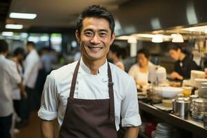 ai generato contento capocuoco asiatico uomo di un' grande ristorante nel un' moderno cucina. generativo ai. foto