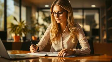 ai generato femmina lavoratore nel Lavorando processi, opera nel progresso, libero professionista concetto, in linea lavoro, progettista lavoro, bella ragazza. generativo ai. foto