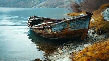 ai generato abbandonato barca tranquillo lago autunno fogliame roccioso riva nebbioso montagne foto