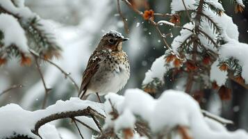 ai generato inverno pettirosso arroccato tra nevoso rami foto