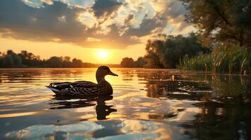 ai generato mallardo anatra crogiolarsi nel il sereno tramonto di il lago foto