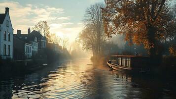 ai generato Alba splendore al di sopra di sereno fiume paesaggio urbano foto