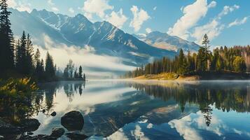 ai generato tranquillo alba riflettendo su un' montagna lago foto