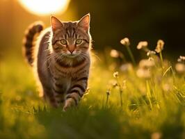 ai generato adorabile, a strisce giocoso gatto a piedi nel il archiviato foto