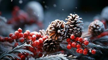 ai generato inverno sfondo con neve coperto pino coni e Viburnum frutti di bosco. foto