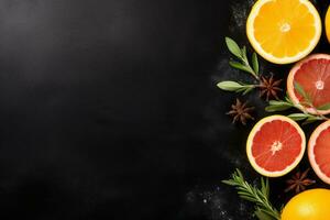 ai generato Uva, arancia, Limone e rosmarino su un' nero sfondo foto
