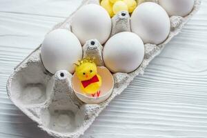 un' piccolo pollo nel un' rotto conchiglia vicino totale bianca pollo uova. Pasqua è il concetto di solitudine. Pasqua uova nel uovo cartone. foto