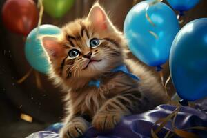 ai generato carino siberiano gattino con blu occhi e arco cravatta su il sfondo di palloncini foto