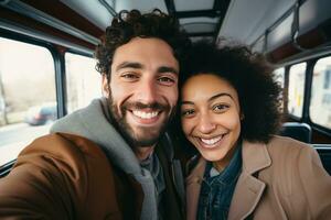 ai generato ritratto di contento multietnico coppia sorridente a telecamera nel autobus foto