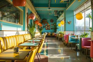 ai generato foto di il interno di un' coloritamente decorato ristorante
