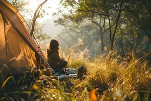 ai generato fotografia di un' donna campeggio nel il foresta foto