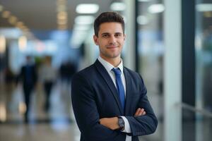 ai generato ufficio lavoratore ritratto di sorridente bello uomo d'affari capo nel completo da uomo in piedi foto