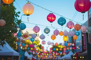 ai generato colorato lanterne sospeso sopra strada durante multiculturale Festival foto