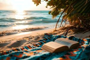 ai generato un' libro su un' spiaggia con il oceano nel il sfondo foto