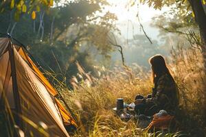 ai generato fotografia di un' donna campeggio nel il foresta foto