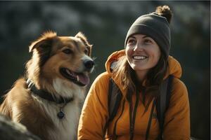 ai generato immagine di un' giovane donna escursioni a piedi e avendo sua preferito cane. foto