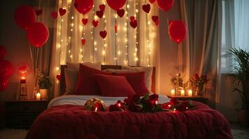 ai generato affascinante Camera da letto con rosso palloncini e festivo luci foto