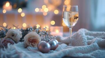 ai generato accogliente inverno notte con Champagne e bianca Rose foto