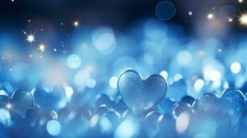 ai generato bellissimo sfondo con blu cuori, luci, scintille e bokeh. San Valentino giorno carta. blu cuore sagomato bokeh san valentino sfondo foto