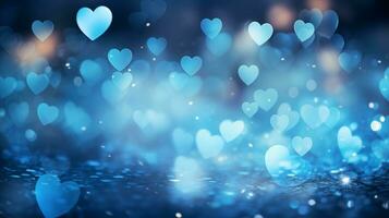 ai generato bellissimo sfondo con blu cuori, luci, scintille e bokeh. San Valentino giorno carta. blu cuore sagomato bokeh san valentino sfondo foto