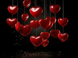 ai generato rosso cuore palloncini su un' nero sfondo, San Valentino giorno, amore concetto. San Valentino sfondo con copia spazio foto