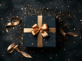 ai generato superiore Visualizza og blu regalo scatola legato con un' d'oro arco. Natale, nuovo anno, compleanno, anniversario, vendita concetto. foto