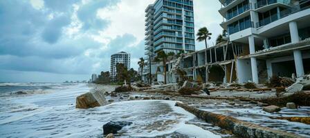 ai generato uragano distrugge città costa, infrastruttura e causando danno e inondazioni foto