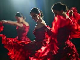 ai generato appassionato spagnolo zingaro nazionale cultura danza flamenco eseguita di un' femmina ballerino foto