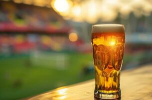 ai generato tazza di birra in piedi su il tavolo pronto per essere consumato prima il sport gioco foto