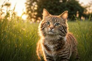 ai generato adorabile, a strisce giocoso gatto a piedi nel il archiviato foto