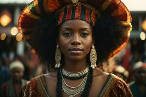 forte indipendente nero africano americano donna vestito nel indigeno nazionale vestito foto