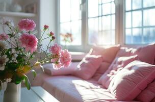 ai generato romantico Camera da letto con candele e luce, pastello rosa colori foto