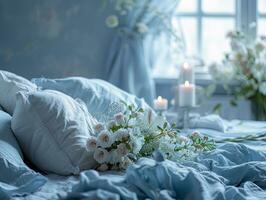 ai generato romantico Camera da letto con candele e luce, pastello blu colori foto