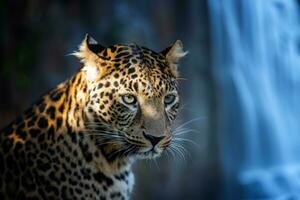 ritratto di leopardo su cascata sfondo foto