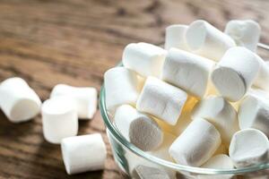 ciotola di marshmallows su il di legno sfondo foto