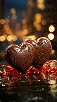 ai generato Due cuore forma cioccolato, simbolo di amore, festivo elemento, contento San Valentino giorno, pubblicità Materiale foto