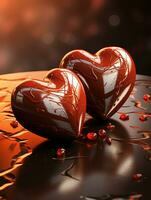ai generato Due cuore forma cioccolato, simbolo di amore, festivo elemento, contento San Valentino giorno, pubblicità Materiale foto
