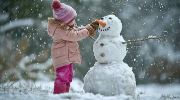 ai generato gioioso bambino nel un' rosa giacca e colorato cappello costruisce pupazzo di neve su nevoso giorno, adornare esso con un' carota naso e ramoscello braccia, sotto un' dolce nevicata. foto