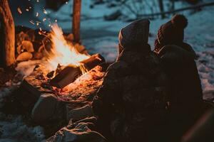 ai generato vivace fuoco di bivacco crepitii in mezzo un' nevoso scena, con d'oro bokeh luci e Due sfocato figure seduto dietro, evocando calore nel il freddo inverno ambiente. foto