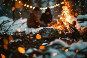 ai generato vivace fuoco di bivacco crepitii in mezzo un' nevoso scena, con d'oro bokeh luci e Due sfocato figure seduto dietro, evocando calore nel il freddo inverno ambiente. foto