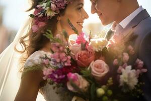 ai generato un' sposa e sposo strettamente hold un' bellissimo mazzo, pieno con morbido rosa e rosso fiori, contro un' sognante, illuminata dal sole sfondo. foto