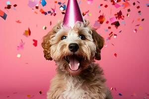 ai generato contento cane festeggiare compleanno festa. ritratto carino sorridente Goldendoodle al di sopra di vivido rosa sfondo con caduta colorato coriandoli foto