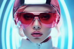 ai generato ritratto di attraente informatica donna con neon incandescente. bionico robot. giovane bionda signora con futuristico rosa occhiali da sole, digitale illustrazione 3d foto